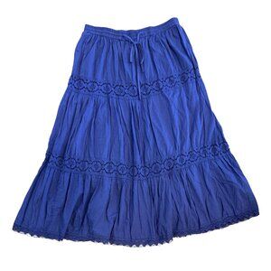 Vintage 90s Wild Hazel 100% Cotton Maxi Lace Crochet Tiered Skirt Blue Sz L